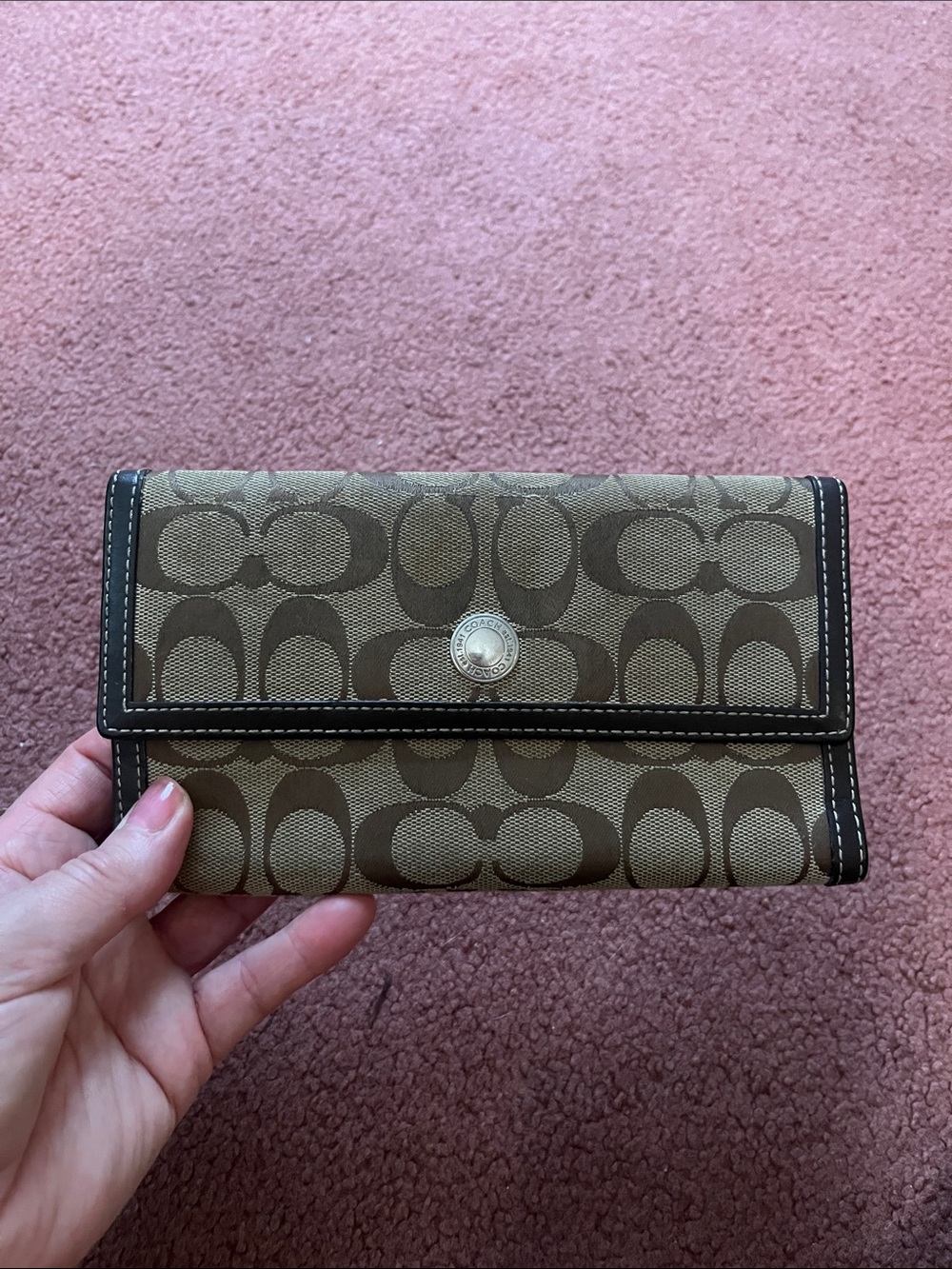Coach Brown Signature Canvas Fold Wallet with Logo Snap